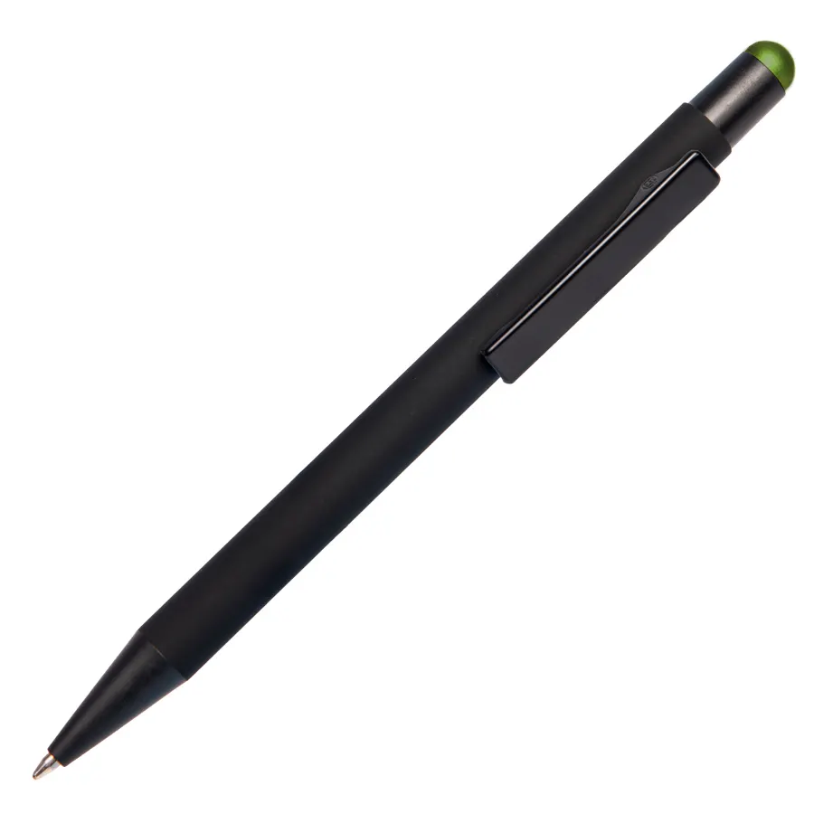 Ручка шариковая FACTOR BLACK со стилусом, черный/зеленый, металл, пластик, софт-покрытие