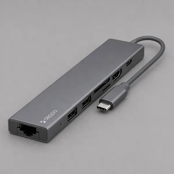 USB Type-C хаб 7-в-1, HDMI, Power Delivery, 2xUSB 3.0, RJ45, microSD/SD